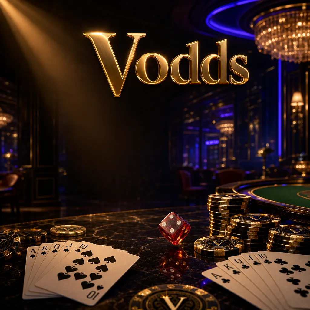Vodds casino hero banner: dramatic dimly-lit casino floor with gold chips, playing cards, ruby dice on dark marble, cinematic