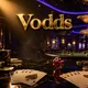 Vodds online casino hero banner with gold chips, playing cards, dice on dark marble under cinematic casino lighting