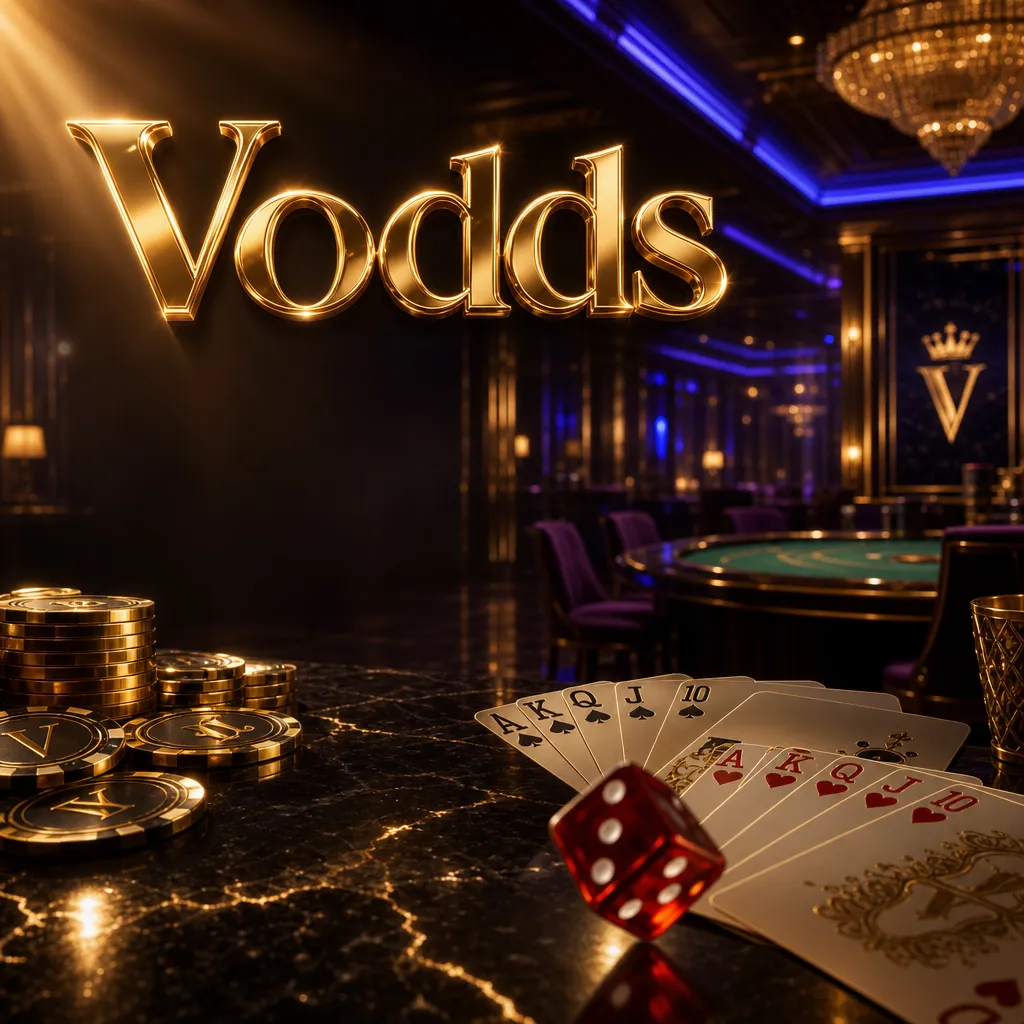 Vodds online casino hero banner with gold chips, playing cards, and ruby dice on dark marble under cinematic lighting